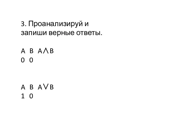 3. Проанализируй и запиши верные ответы. A B A∧B 0 0 A B A∨B 1 0