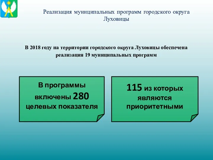 Реализация муниципальных программ городского округа Луховицы В 2018 году на территории городского округа
