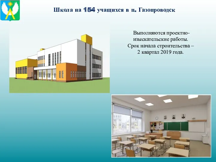 Школа на 154 учащихся в п. Газопроводск Выполняются проектно-изыскательские работы. Срок начала строительства