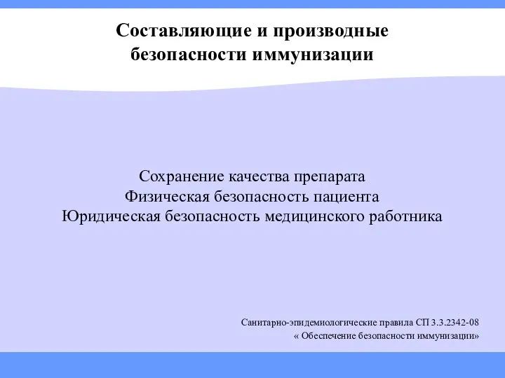 Составляющие и производные безопасности иммунизации Сохранение качества препарата Физическая безопасность