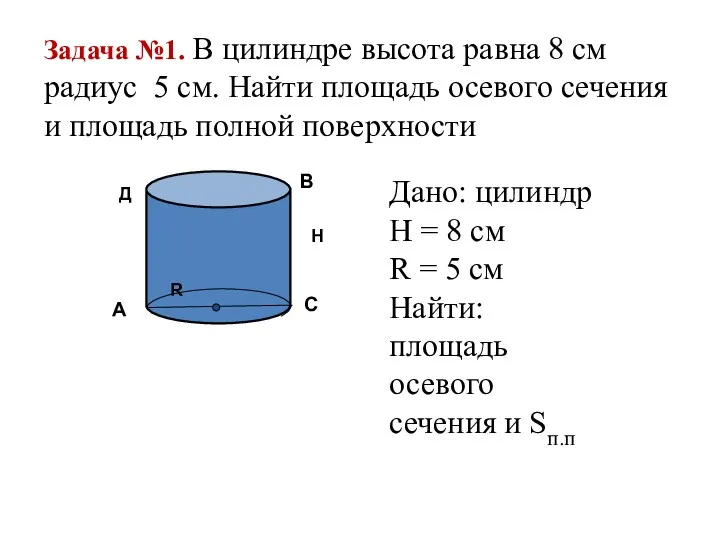 А В С Н Дано: цилиндр Н = 8 см