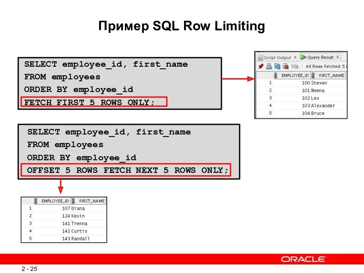 Пример SQL Row Limiting SELECT employee_id, first_name FROM employees ORDER BY employee_id FETCH