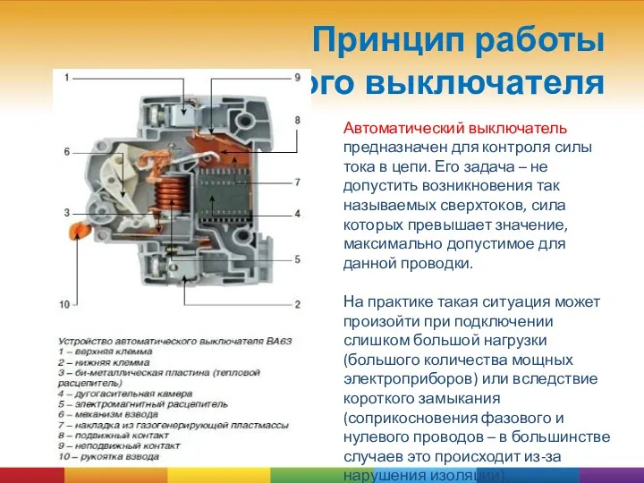 Принцип работы автоматического выключателя Автоматический выключатель предназначен для контроля силы