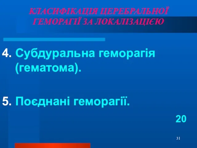 КЛАСИФІКАЦІЯ ЦЕРЕБРАЛЬНОЇ ГЕМОРАГІЇ ЗА ЛОКАЛІЗАЦІЄЮ 4. Субдуральна геморагія (гематома). 5. Поєднані геморагії. 20