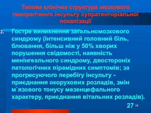 Типова клінічна структура мозкового геморагічного інсульту супратенторіальної локалізації Гостре виникнення