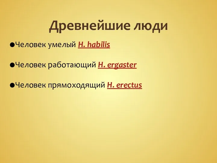 Древнейшие люди Человек умелый H. habilis Человек работающий H. ergaster Человек прямоходящий H. erectus