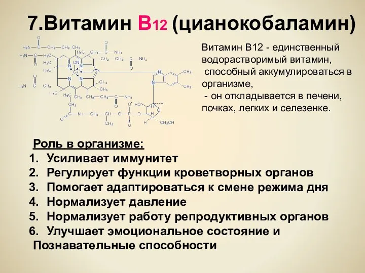 7.Витамин В12 (цианокобаламин) Витамин B12 - единственный водорастворимый витамин, способный