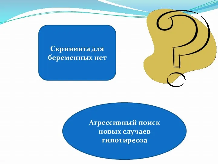 Скрининга для беременных нет Агрессивный поиск новых случаев гипотиреоза