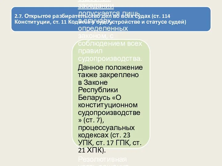 2.7. Открытое разбирательство дел во всех судах (ст. 114 Конституции,