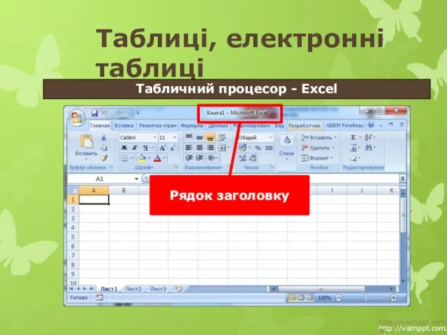 http://vsimppt.com.ua/ http://vsimppt.com.ua/ Таблиці, електронні таблиці Табличний процесор - Excel Рядок заголовку