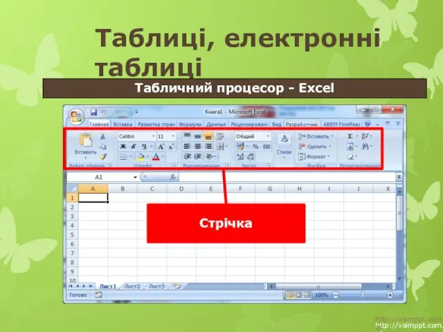 http://vsimppt.com.ua/ http://vsimppt.com.ua/ Таблиці, електронні таблиці Табличний процесор - Excel Стрічка