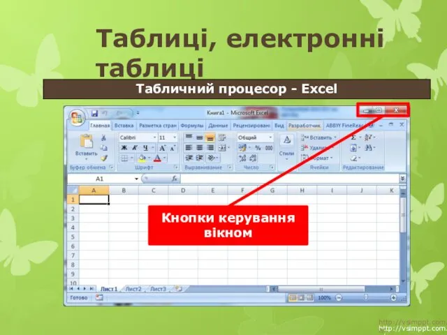 http://vsimppt.com.ua/ http://vsimppt.com.ua/ Таблиці, електронні таблиці Табличний процесор - Excel Кнопки керування вікном