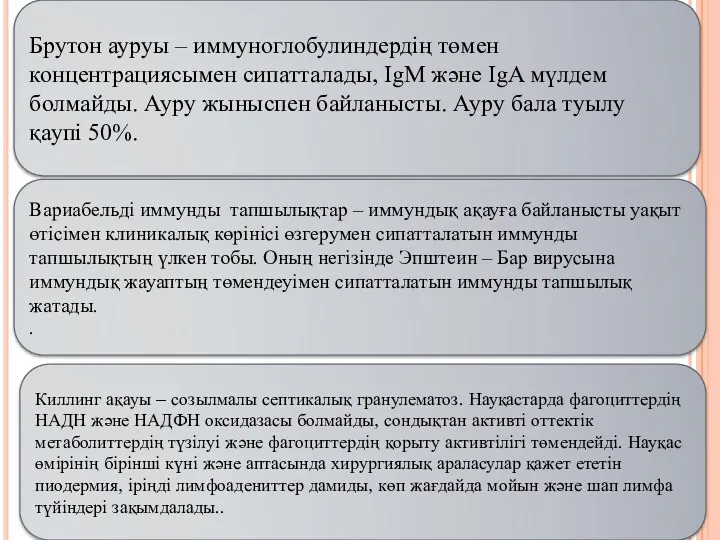 Брутон ауруы – иммуноглобулиндердің төмен концентрациясымен сипатталады, IgM және IgA