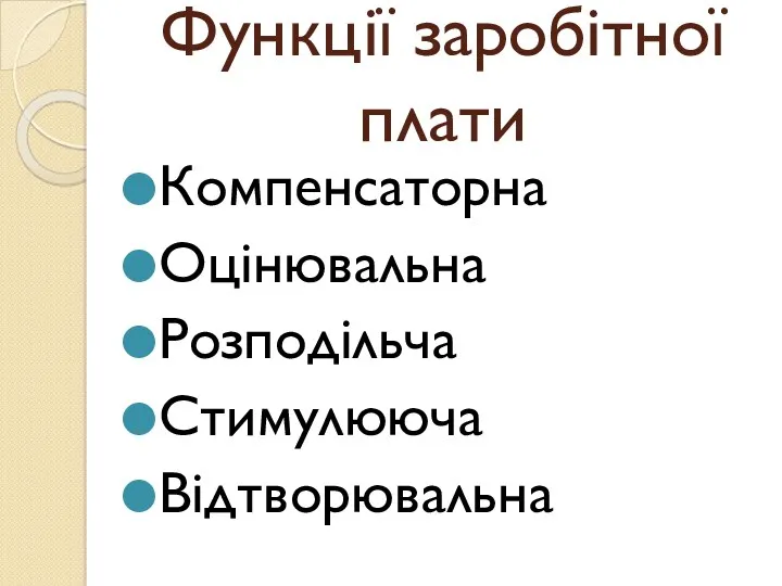 Функції заробітної плати Компенсаторна Оцінювальна Розподільча Стимулююча Відтворювальна