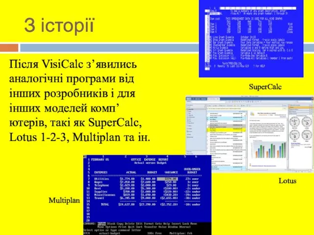 Після VisiCalc з’явились аналогічні програми від інших розробників і для інших моделей комп’ютерів,