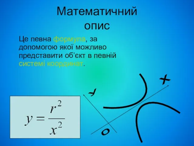 Математичний опис Це певна формула, за допомогою якої можливо представити об’єкт в певній