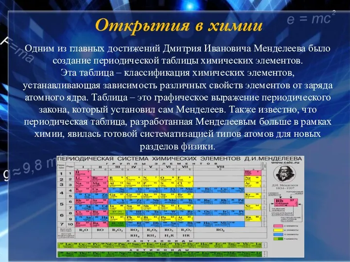 Открытия в химии Одним из главных достижений Дмитрия Ивановича Менделеева
