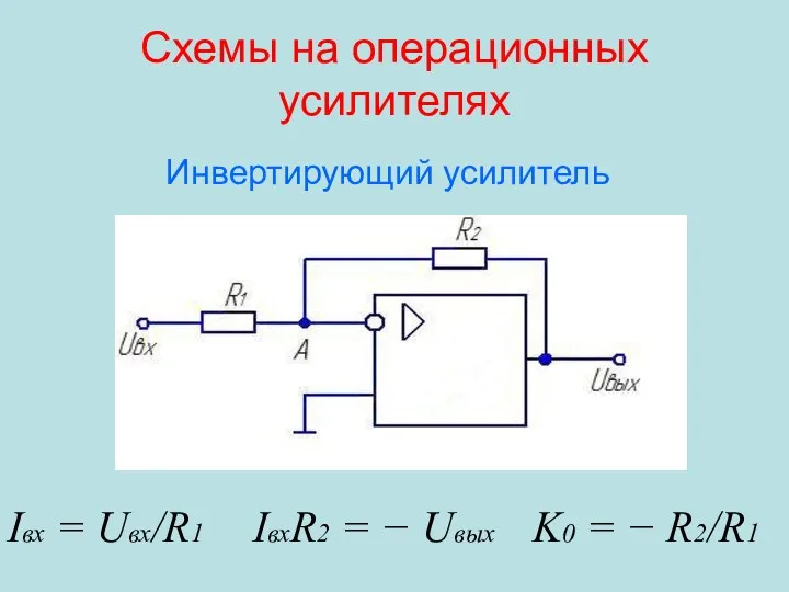 Схемы на операционных усилителях Инвертирующий усилитель Iвх = Uвх/R1 IвхR2