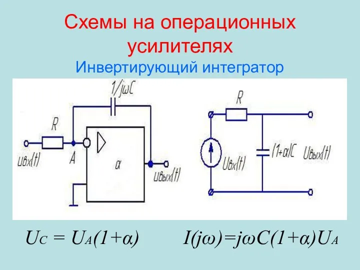 Схемы на операционных усилителях Инвертирующий интегратор UC = UА(1+α) I(jω)=jωC(1+α)UА