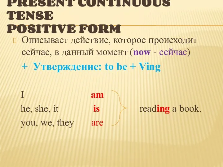 PRESENT CONTINUOUS TENSE POSITIVE FORM Описывает действие, которое происходит сейчас,