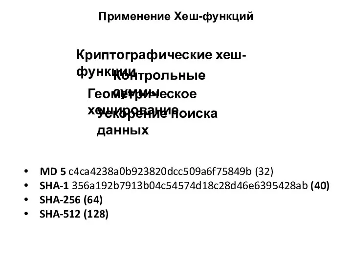 Криптографические хеш-функции Применение Хеш-функций Контрольные суммы Ускорение поиска данных Геометрическое