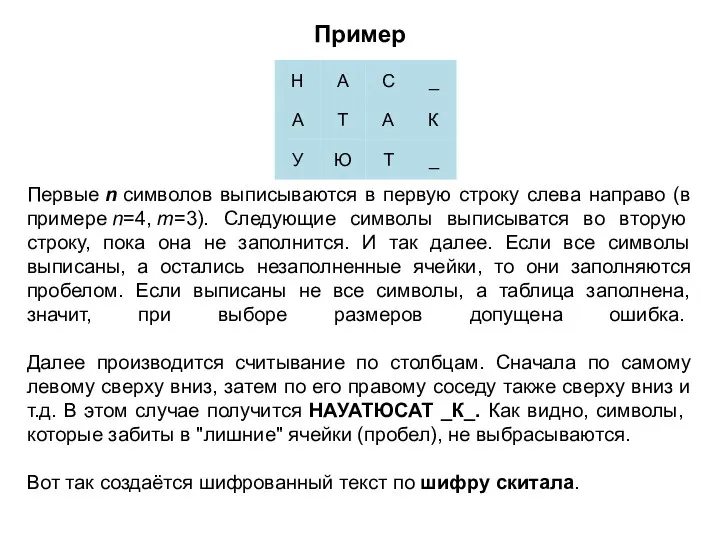 Первые n символов выписываются в первую строку слева направо (в