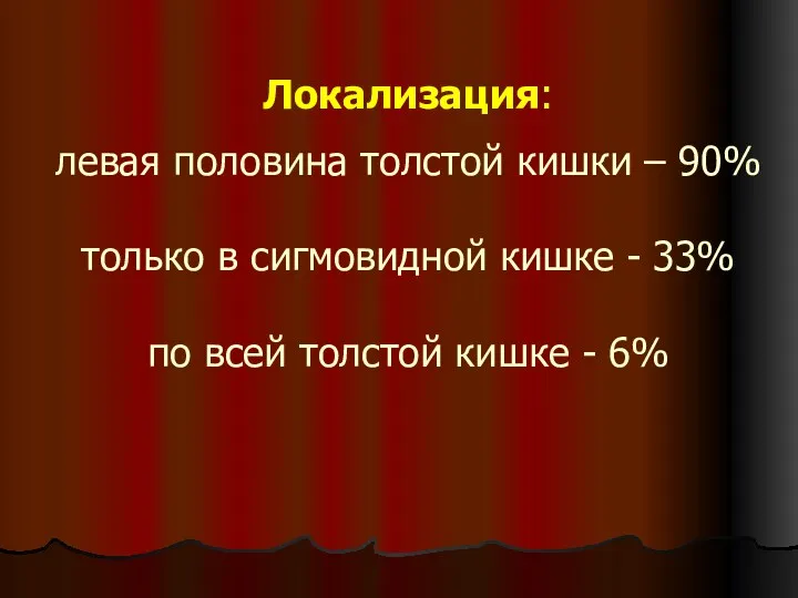 Локализация: левая половина толстой кишки – 90% только в сигмовидной