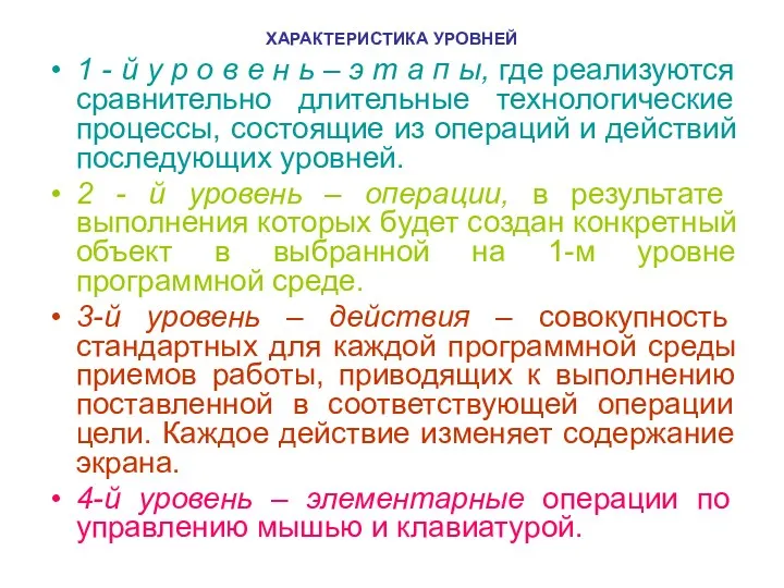 ХАРАКТЕРИСТИКА УРОВНЕЙ 1 - й у р о в е