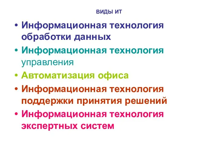 ВИДЫ ИТ Информационная технология обработки данных Информационная технология управления Автоматизация