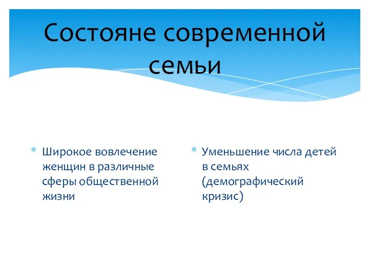 Состояне современной семьи Широкое вовлечение женщин в различные сферы общественной