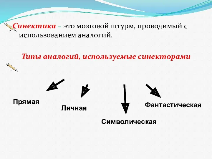 Синектика – это мозговой штурм, проводимый с использованием аналогий. Типы