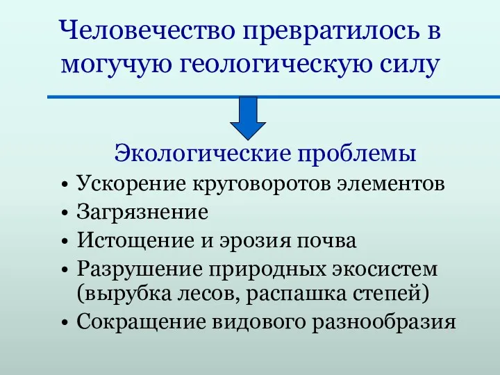 Человечество превратилось в могучую геологическую силу Экологические проблемы Ускорение круговоротов элементов Загрязнение Истощение