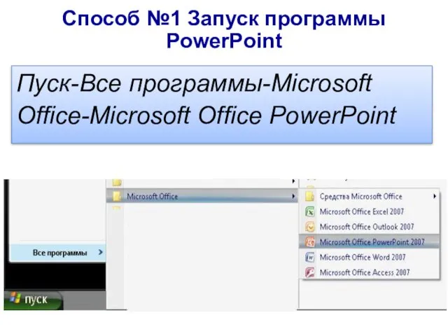 Способ №1 Запуск программы PowerPoint Пуск-Все программы-Microsoft Office-Microsoft Office PowerPoint