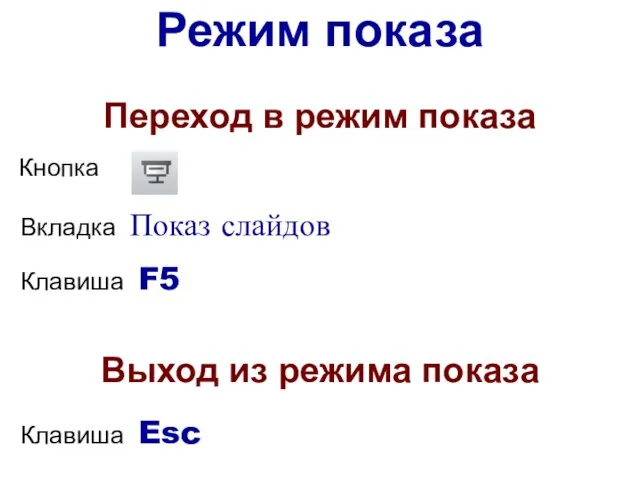 Переход в режим показа Кнопка Клавиша F5 Вкладка Показ слайдов Выход из режима