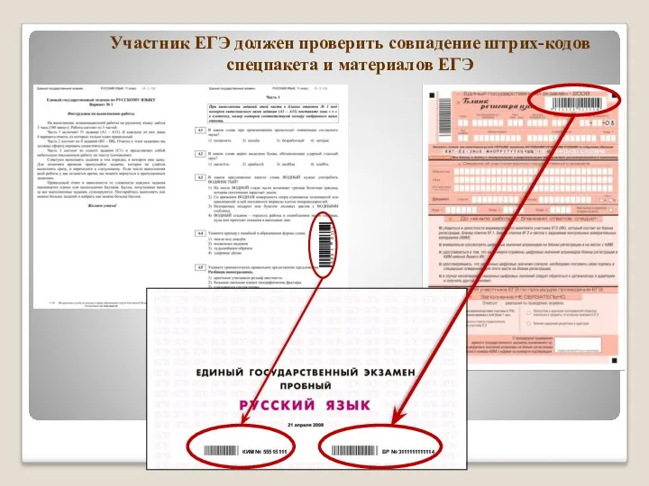 БР № 3111111111114 КИМ № 55515111 Участник ЕГЭ должен проверить совпадение штрих-кодов спецпакета и материалов ЕГЭ