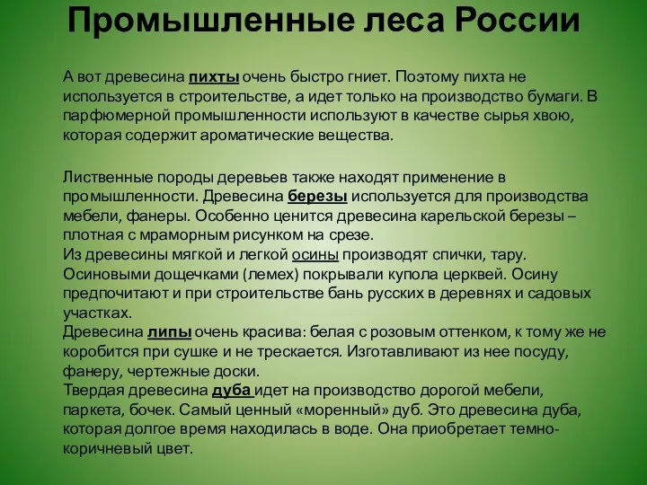 Промышленные леса России А вот древесина пихты очень быстро гниет.