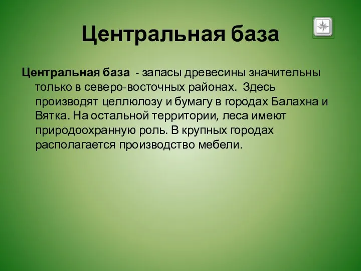 Центральная база Центральная база - запасы древесины значительны только в