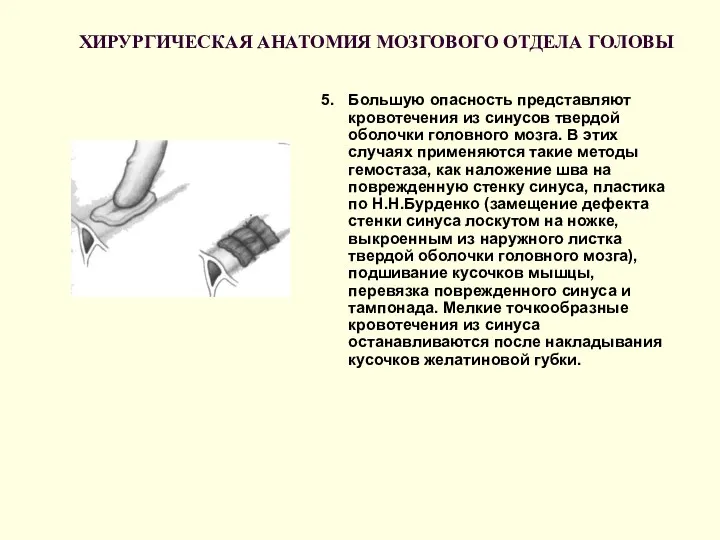 ХИРУРГИЧЕСКАЯ АНАТОМИЯ МОЗГОВОГО ОТДЕЛА ГОЛОВЫ 5. Большую опасность представляют кровотечения