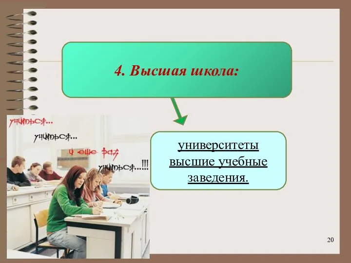 * 4. Высшая школа: университеты высшие учебные заведения.