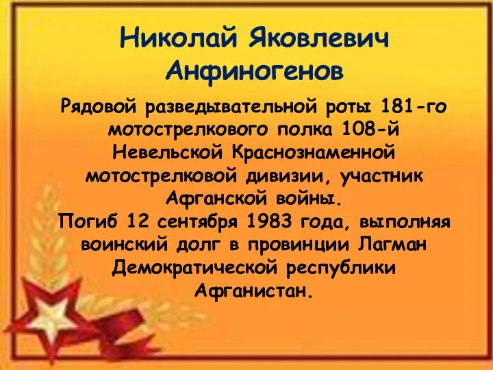 Николай Яковлевич Анфиногенов Рядовой разведывательной роты 181-го мотострелкового полка 108-й