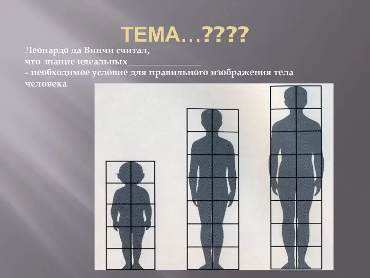 ТЕМА…???? Леонардо да Винчи считал, что знание идеальных________________ - необходимое условие для правильного изображения тела человека