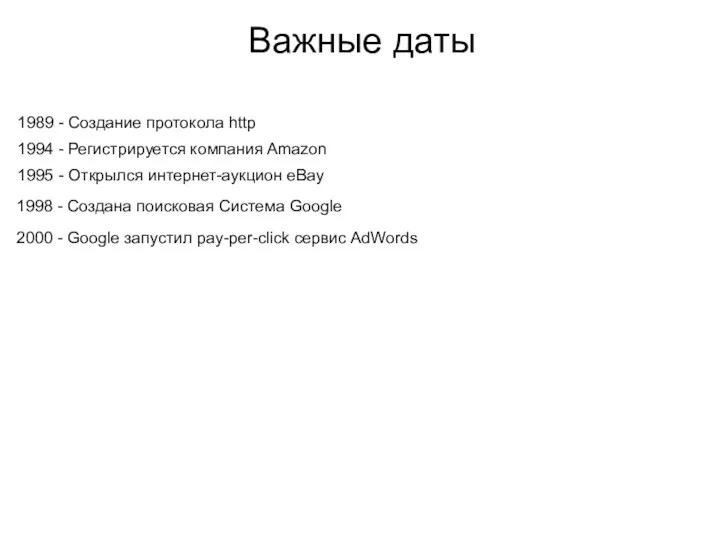 Важные даты 1989 - Создание протокола http 1994 - Регистрируется