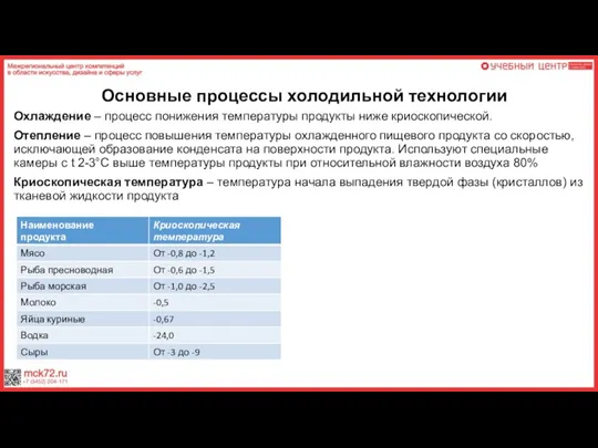 Основные процессы холодильной технологии Охлаждение – процесс понижения температуры продукты