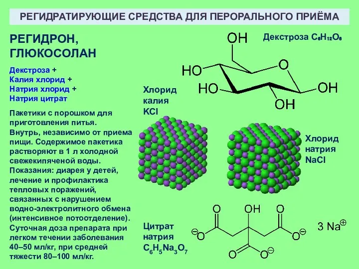 РЕГИДРАТИРУЮЩИЕ СРЕДСТВА ДЛЯ ПЕРОРАЛЬНОГО ПРИЁМА РЕГИДРОН, ГЛЮКОСОЛАН Декстроза + Калия