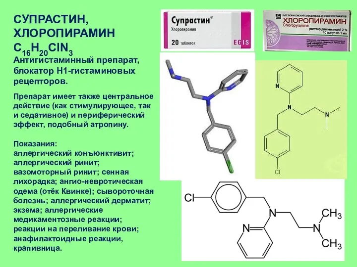 СУПРАСТИН, ХЛОРОПИРАМИН C16H20ClN3 Антигистаминный препарат, блокатор H1-гистаминовых рецепторов. Препарат имеет