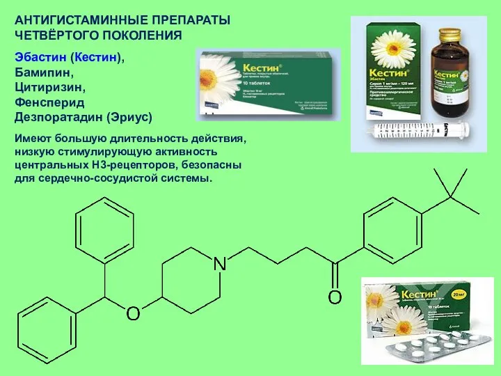 АНТИГИСТАМИННЫЕ ПРЕПАРАТЫ ЧЕТВЁРТОГО ПОКОЛЕНИЯ Эбастин (Кестин), Бамипин, Цитиризин, Фенсперид Дезпоратадин