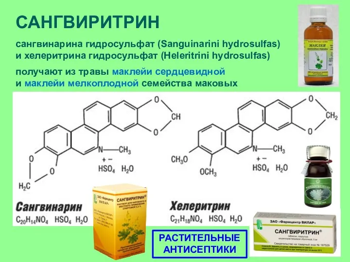 САНГВИРИТРИН сангвинарина гидросульфат (Sanguinarini hydrosulfas) и хелеритрина гидросульфат (Heleritrini hydrosulfas)