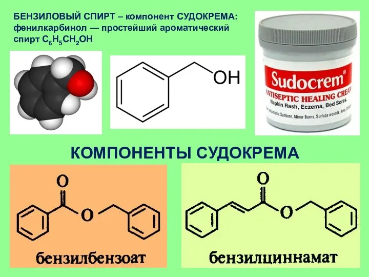 БЕНЗИЛОВЫЙ СПИРТ – компонент СУДОКРЕМА: фенилкарбинол — простейший ароматический спирт C6H5CH2OH КОМПОНЕНТЫ СУДОКРЕМА