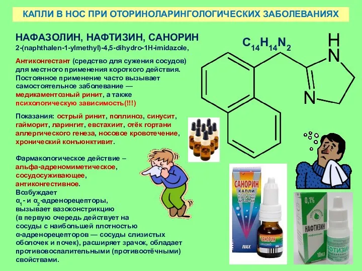 КАПЛИ В НОС ПРИ ОТОРИНОЛАРИНГОЛОГИЧЕСКИХ ЗАБОЛЕВАНИЯХ НАФАЗОЛИН, НАФТИЗИН, САНОРИН 2-(naphthalen-1-ylmethyl)-4,5-dihydro-1H-imidazole,