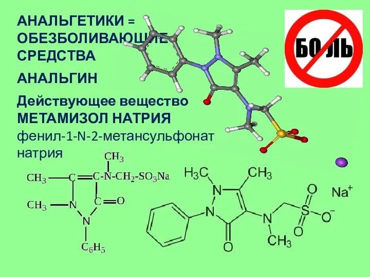 АНАЛЬГЕТИКИ = ОБЕЗБОЛИВАЮЩИЕ СРЕДСТВА АНАЛЬГИН Действующее вещество МЕТАМИЗОЛ НАТРИЯ фенил-1-N-2-метансульфонат натрия